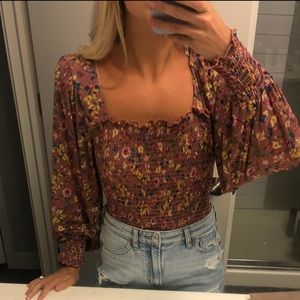 Smocked floral mesh top